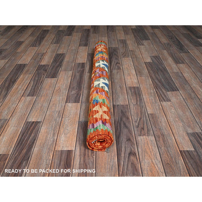 4'X6'3" Vivid Orange Hand Woven Flat Weave Afghan Kilim Pure Wool Rug