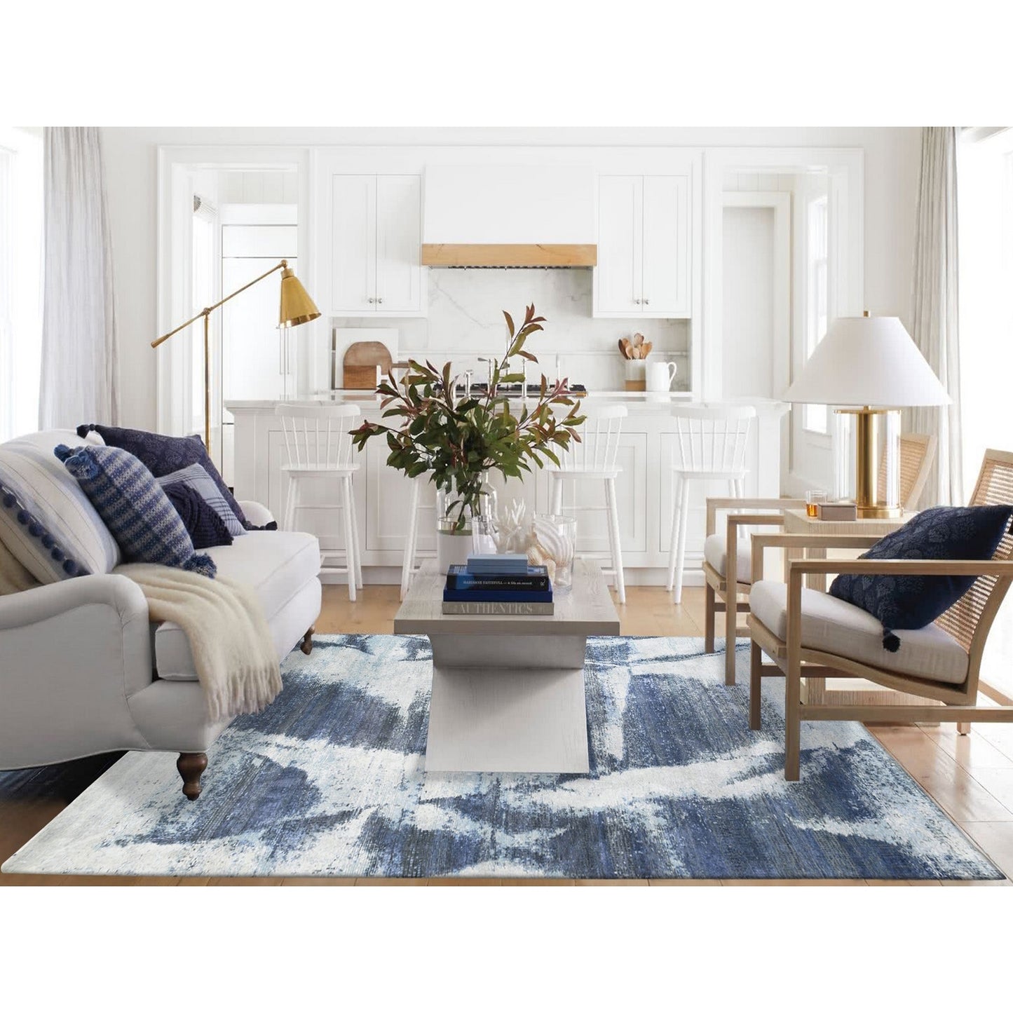 7'10"X10' Hand Knotted Black With A Mix Of Blue Modern Wool And Silk Rug