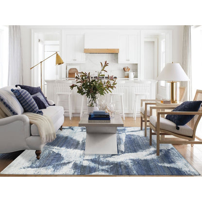 7'10"X10' Hand Knotted Black With A Mix Of Blue Modern Wool And Silk Rug