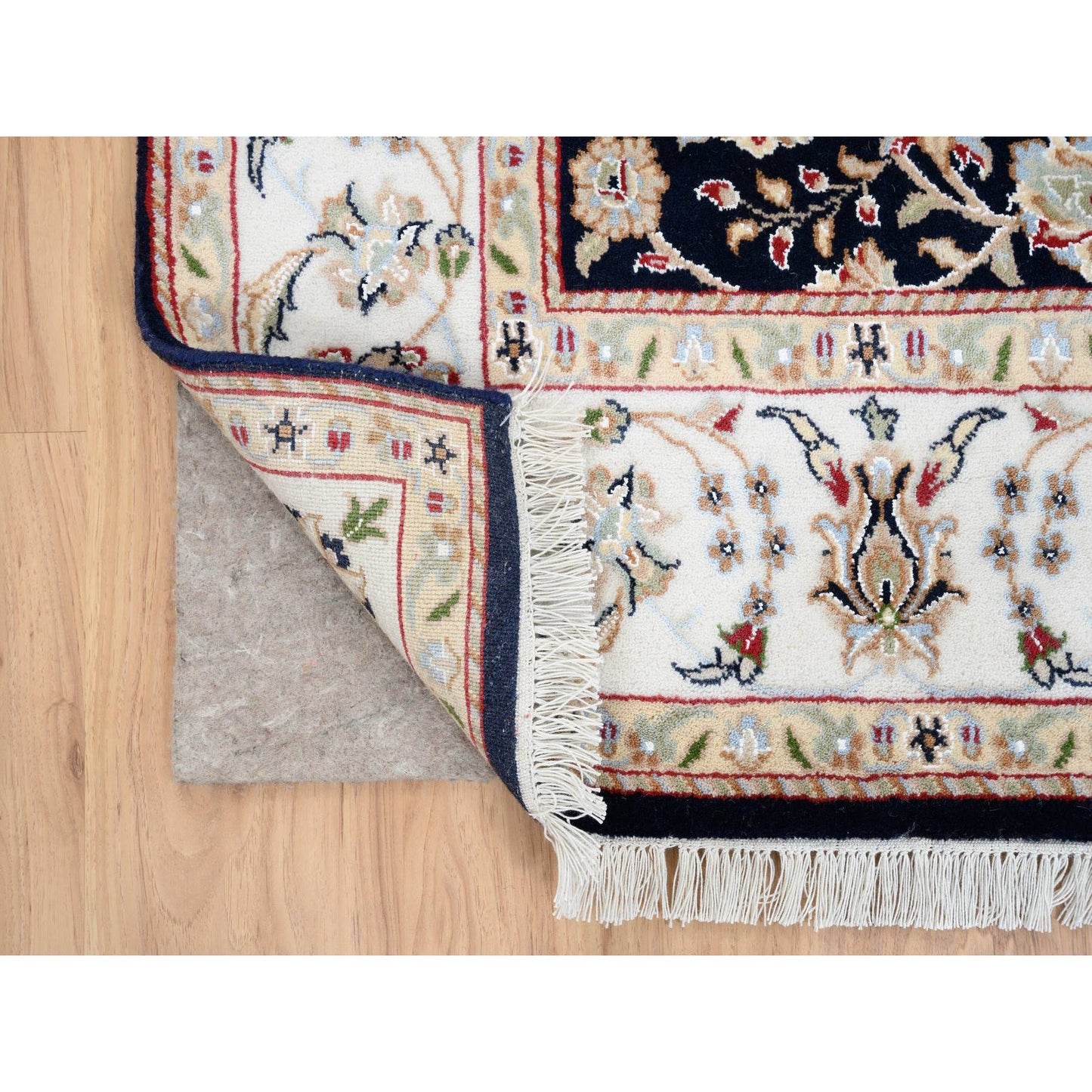 5'X5' Midnight Blue Hand Knotted Nain 250 Kpsi Pure Wool Square Rug