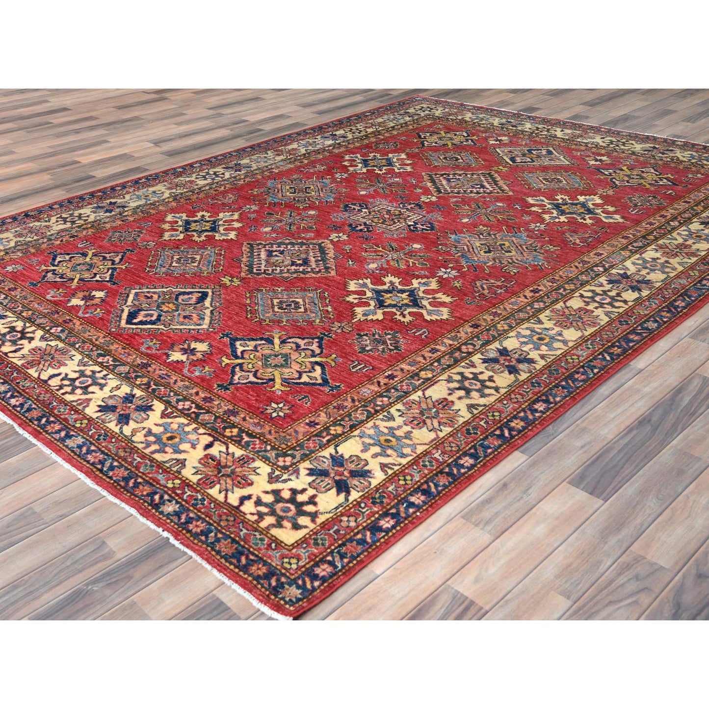 7'10"X10'6" Coral Red Natural Wool Hand Knotted Afghan Super Kazak Rug