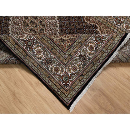 6'X9'1" Black Tebraz Mahi With Medallion Design Hand Knotted Wool Rug