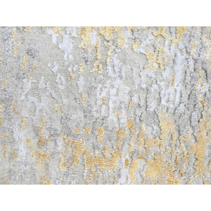 2'6"X9'9" Beige Abstract Design Wool And Silk Hand Knotted Runner Rug