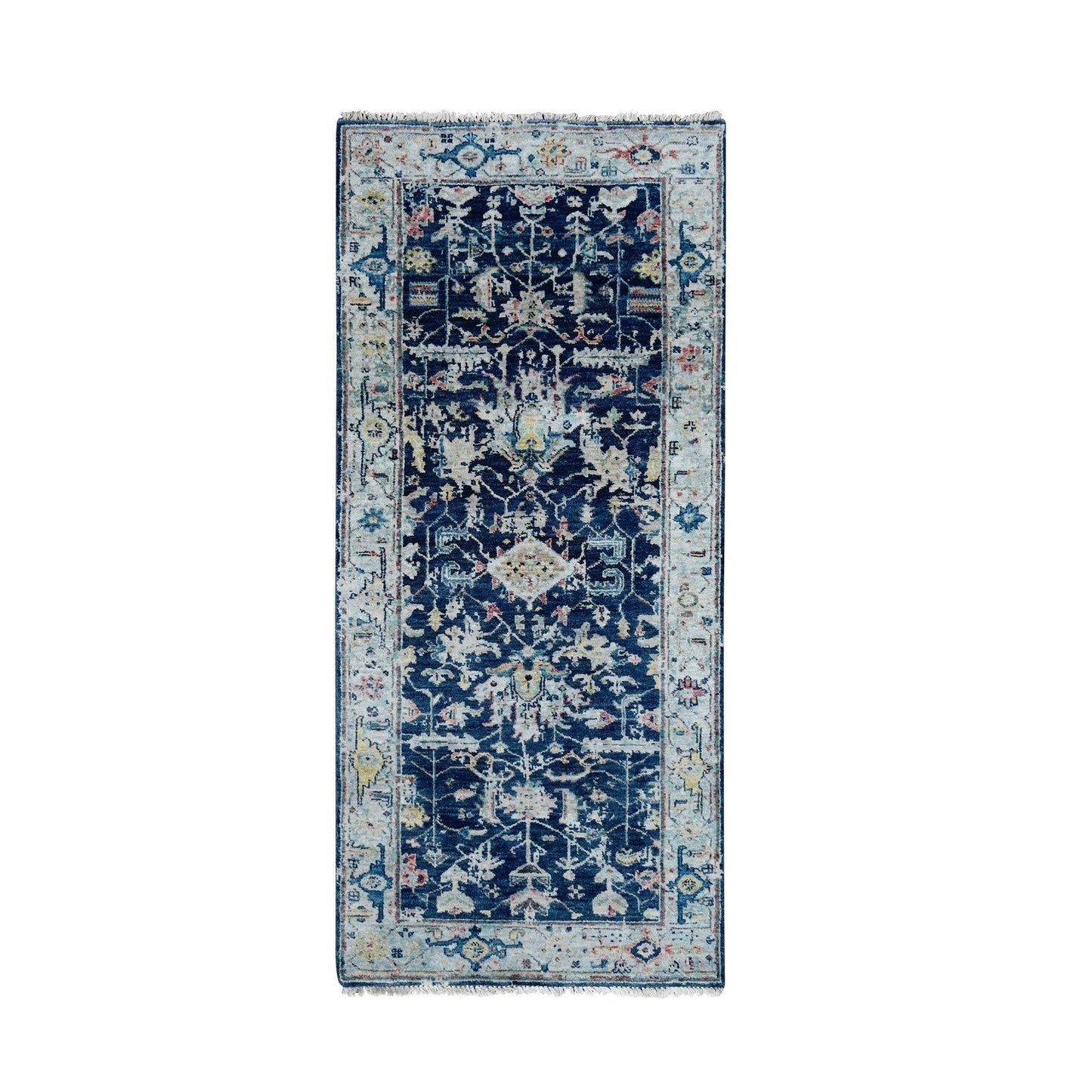 2'7"X5'9" Blue Erased Heris All Over Design Hand Knotted Wool Runner Rug