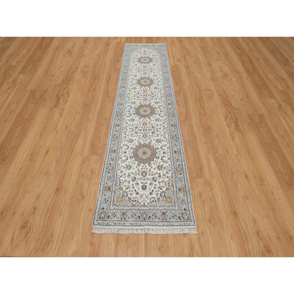 2'5"X10' Spring White Nain Hand Knotted 250 Kpsi Wool And Silk Runner Rug