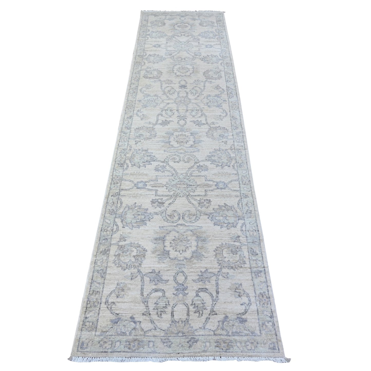 2'6"X9'10" White Hand Knotted Organic Wool White Wash Peshawar Runner Rug