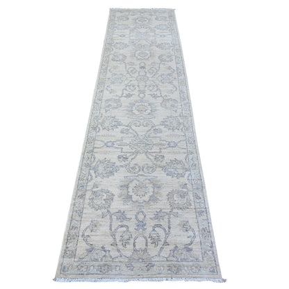 2'6"X9'10" White Hand Knotted Organic Wool White Wash Peshawar Runner Rug
