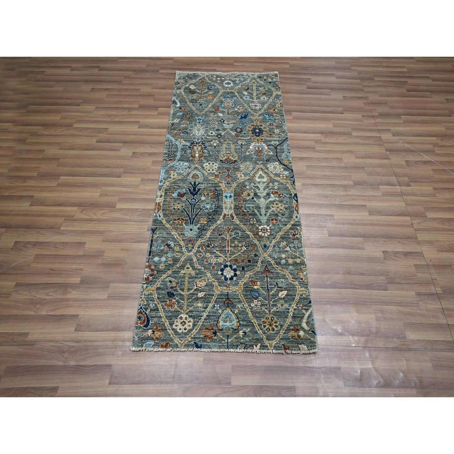 2'8"X6' Green Hand Knotted Pure Wool Rug Trellis Borderless Garden Design