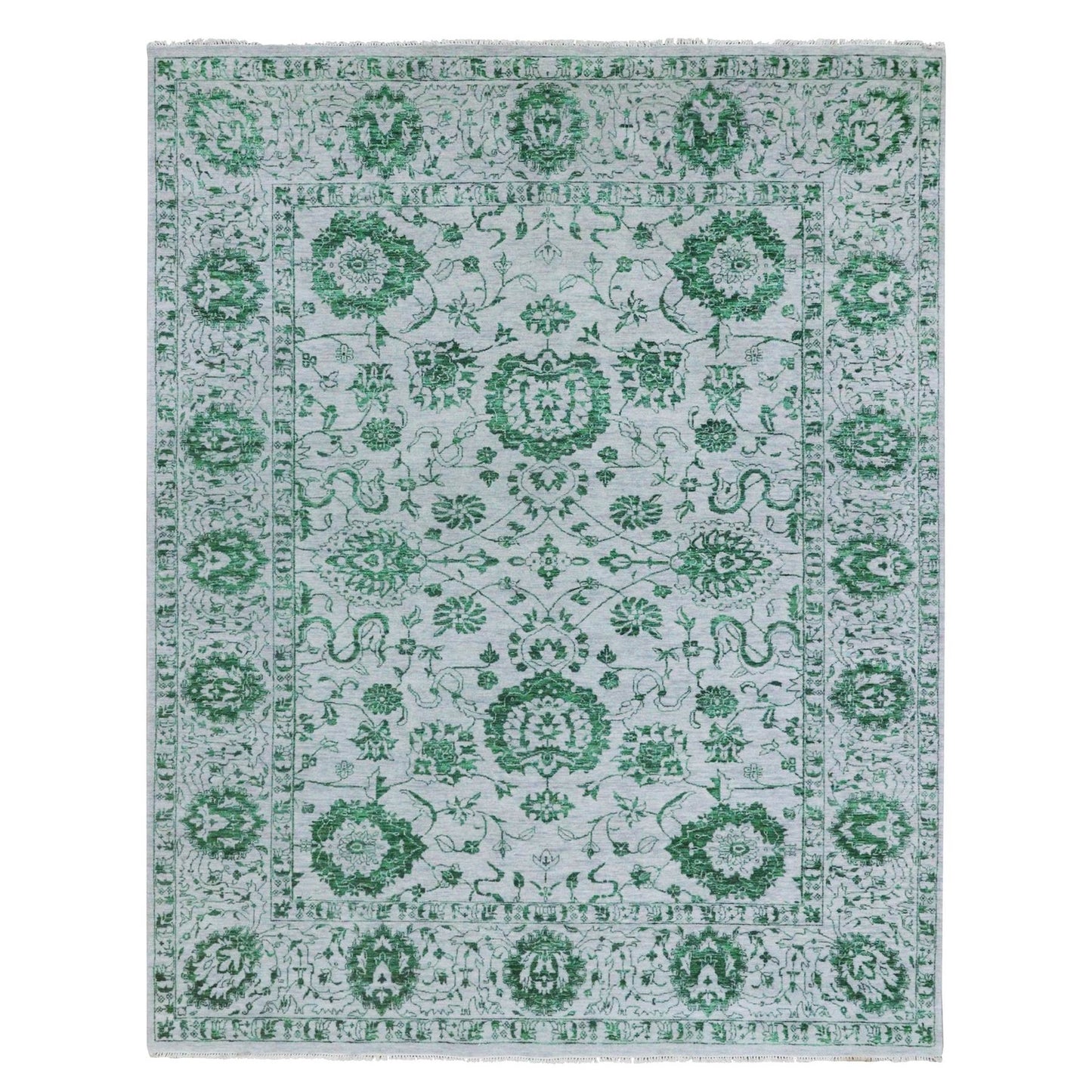 8'X10'1" White & Green Zoroastrian Influence Design Wool Hand Knotted Rug