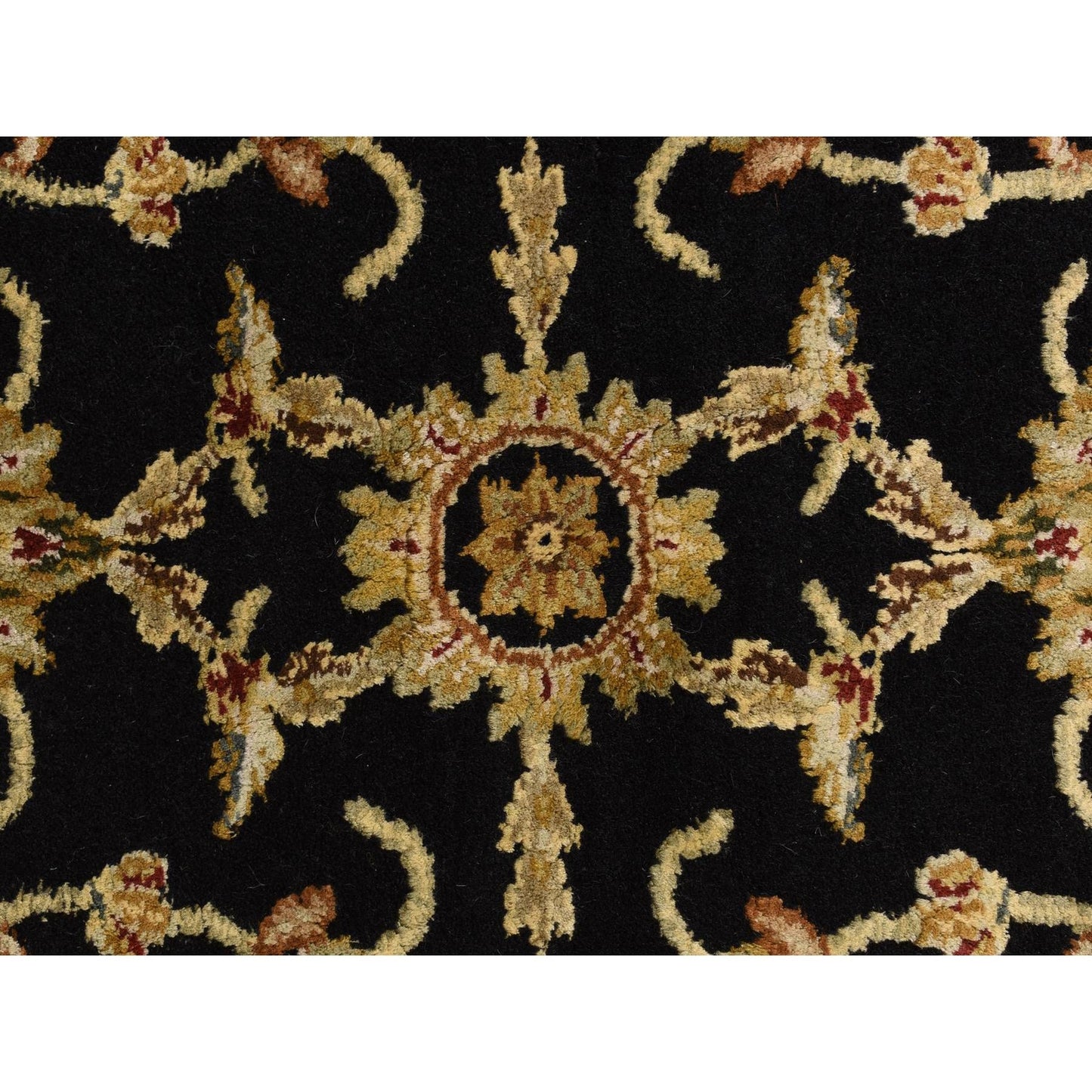 4'2"X4'2" Black Rajasthan Hand Knotted Half Wool And Half Silk Round Rug