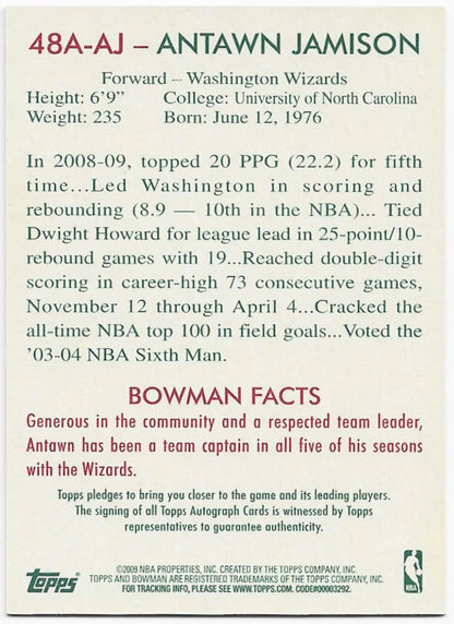 Antawn Jamison 2009 Bowman Autographed Card