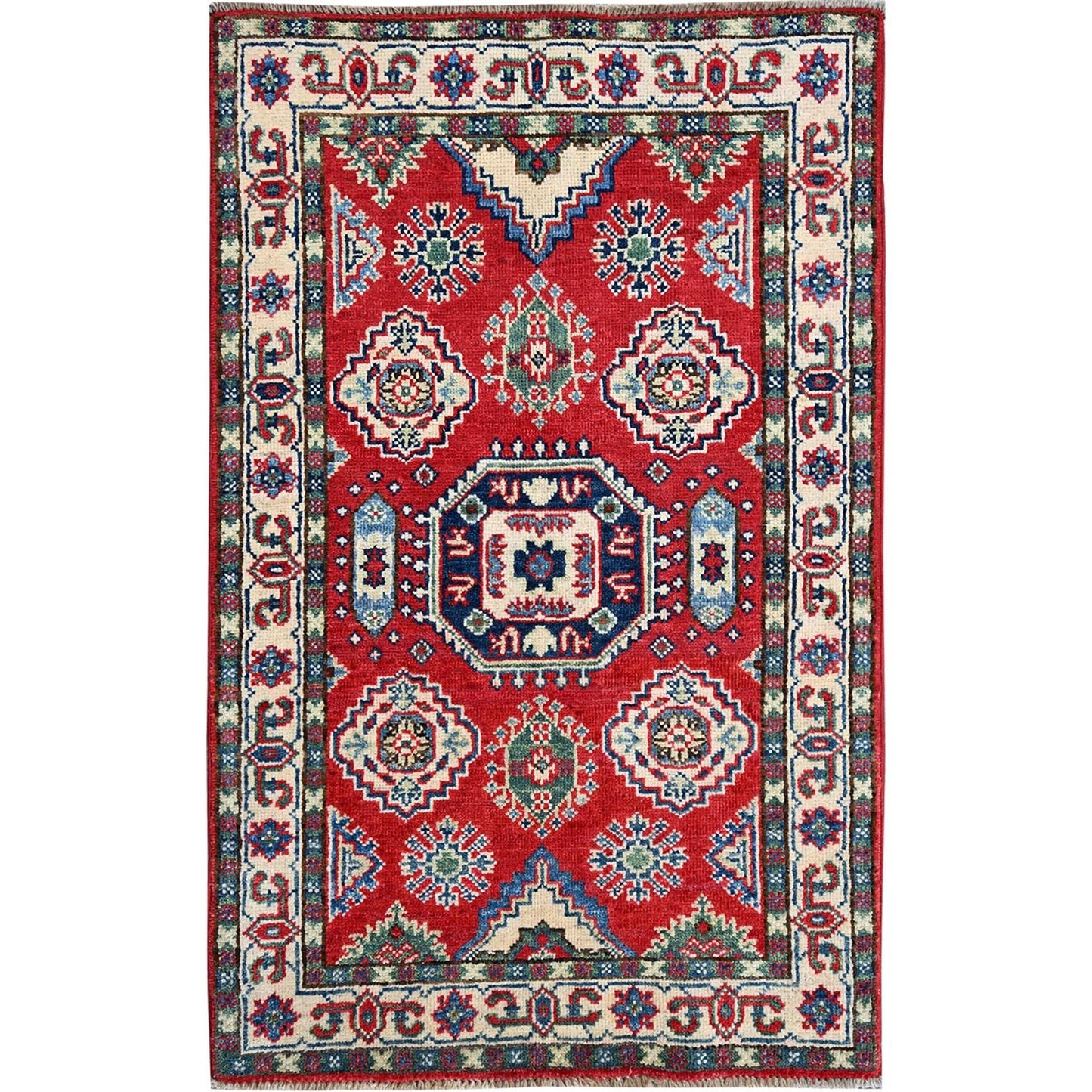 2'6"X4' Berry Red Kazak With Tribal Motifs Hand Knotted Soft Wool Mat Rug