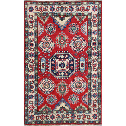 2'6"X4' Berry Red Kazak With Tribal Motifs Hand Knotted Soft Wool Mat Rug