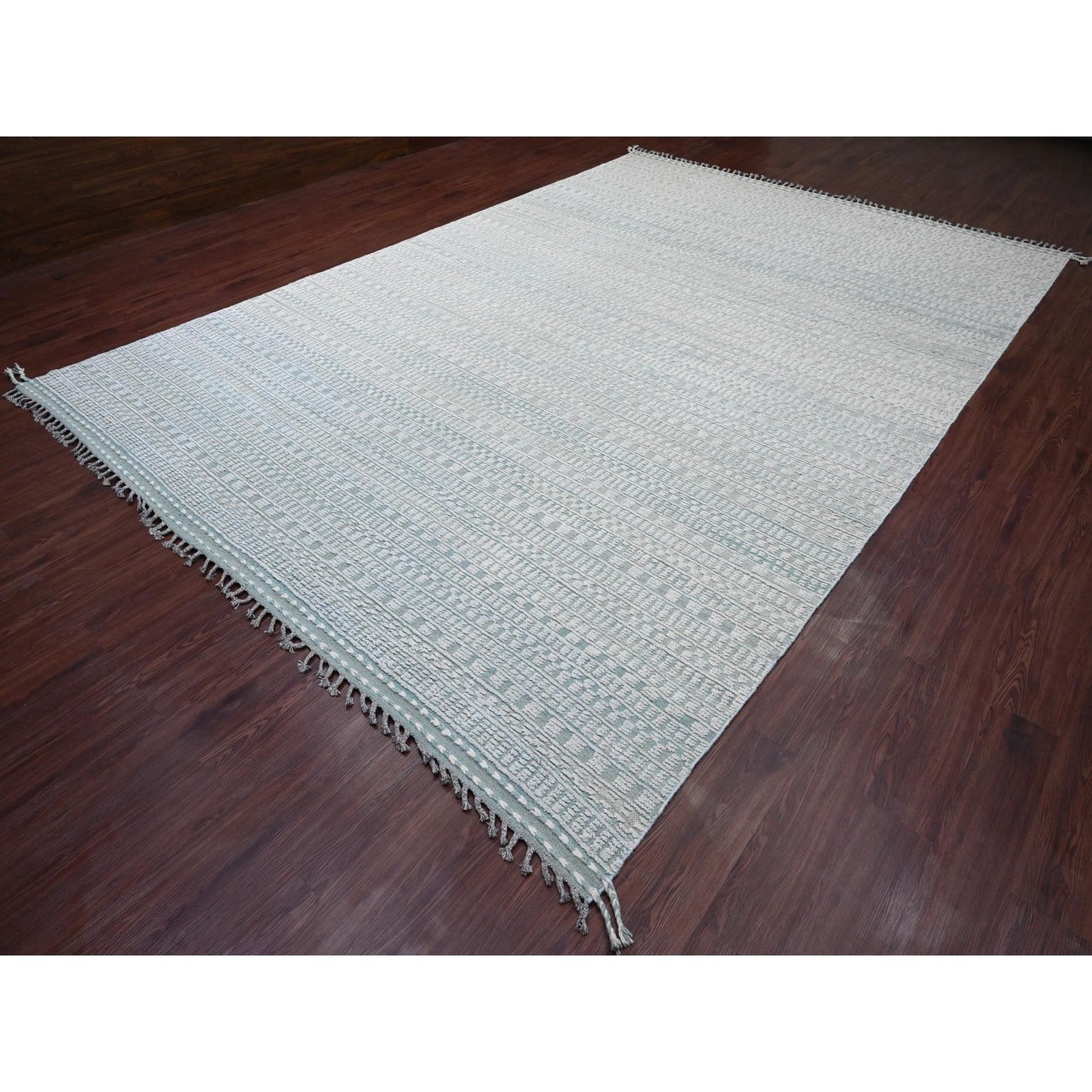 9'7"X14'3" Light Green Geometric Moroccan Weave Hand Knotted Wool Rug