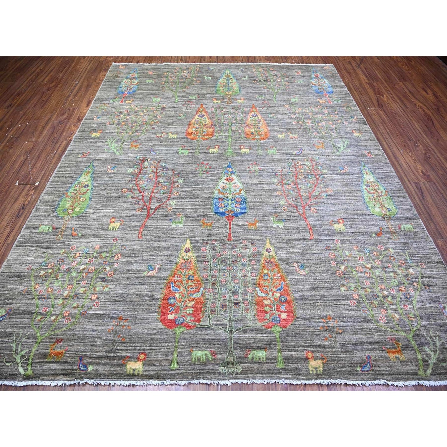 8'X9'5" Gray Folk Art Willow Cypress Tree Design Wool Hand Knotted Rug