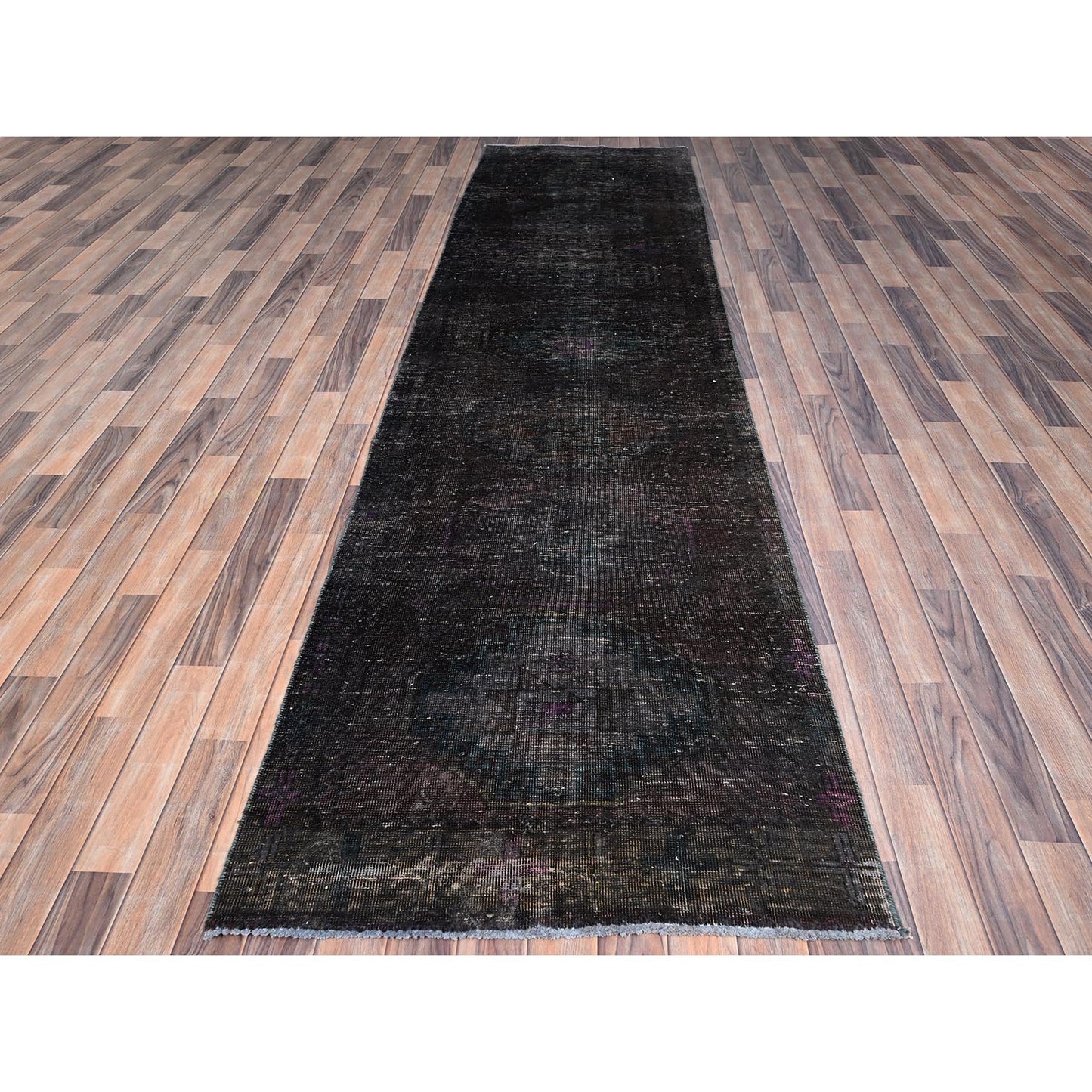 3'2"X12' Black Hand Knotted Vintage Khamadan Wide And Long Runner Rug