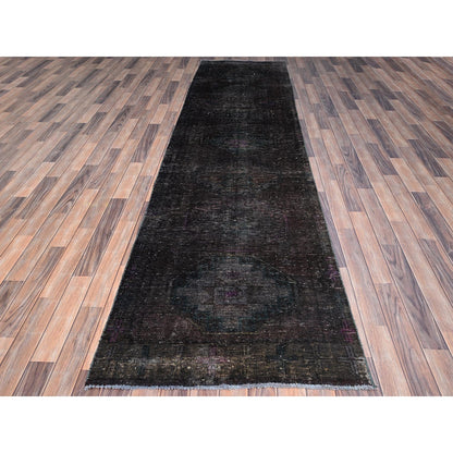 3'2"X12' Black Hand Knotted Vintage Khamadan Wide And Long Runner Rug