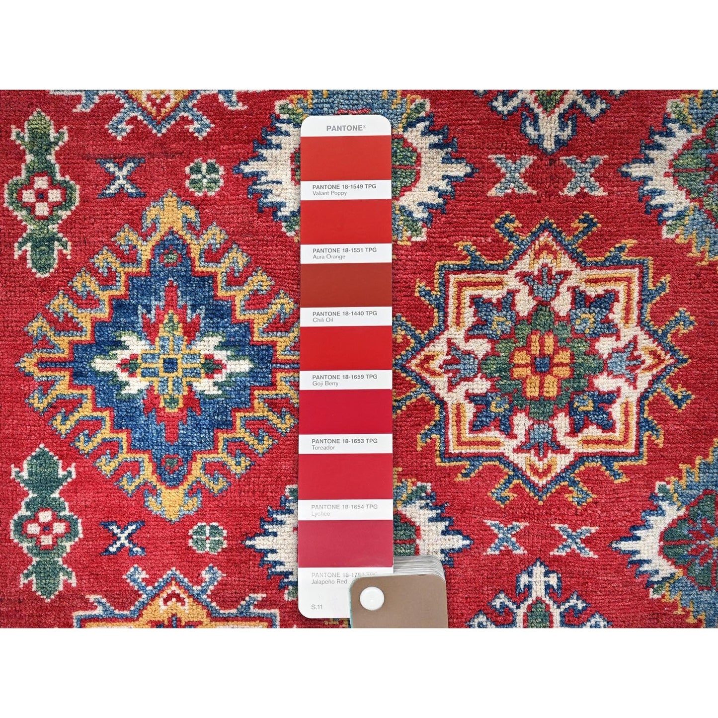 4'10"X6'6" Red Kazak Geometric Pattern Hand Knotted Soft Wool Oriental Rug