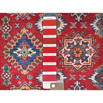 4'10"X6'6" Red Kazak Geometric Pattern Hand Knotted Soft Wool Oriental Rug