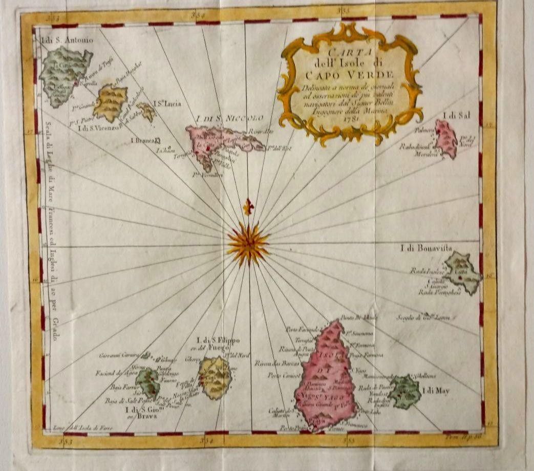1781 Bellin Antique Map "Carta Dellisole Di Capo Verde" Hand-Colored Engraving