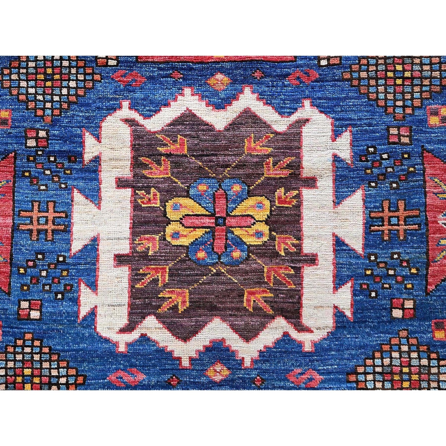 6'X7'10" Blue Afghan Caucasian Design Revival Hand Knotted Soft Wool Rug