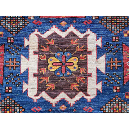 6'X7'10" Blue Afghan Caucasian Design Revival Hand Knotted Soft Wool Rug