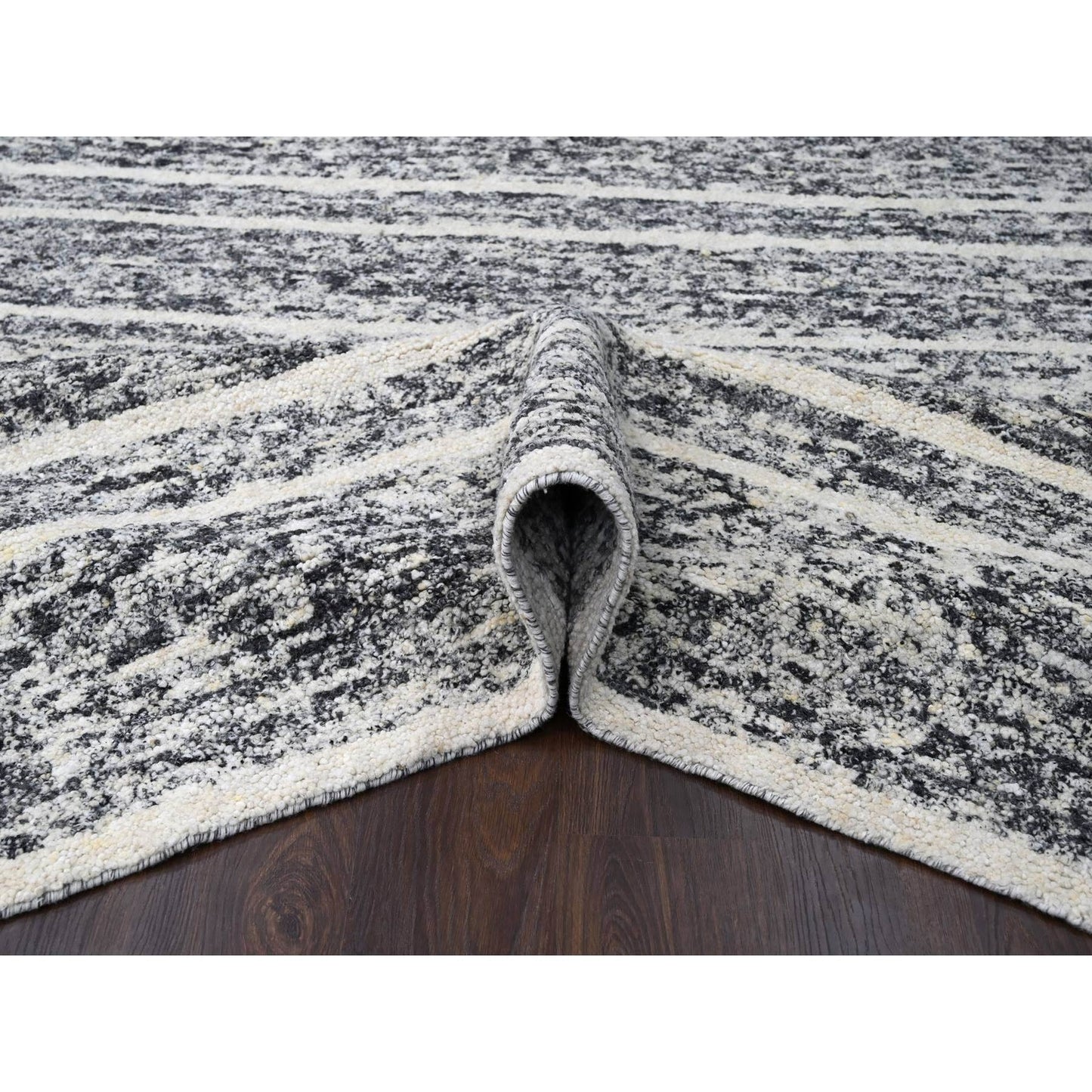 10'3"X14'1" Black And Ivory Modern Striae Design Wool Hand Knotted Rug