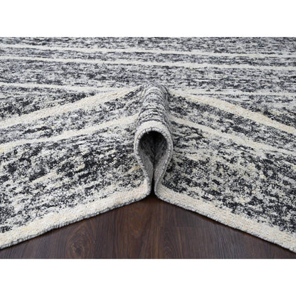 10'3"X14'1" Black And Ivory Modern Striae Design Wool Hand Knotted Rug