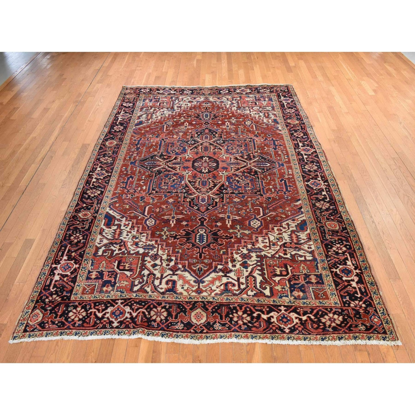 8'X11'3" Crimson Red Antique Zoroastrian Heris Pure Wool Hand Knotted Rug