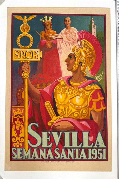 Spanish Travel Poster Sevilla Semana Santa 1951 Pablo Sebastian Original Litho