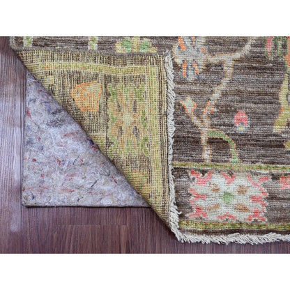 3'X9'8" Brown Angora Oushak Leaf Design Hand Knotted 100% Wool Runner Rug