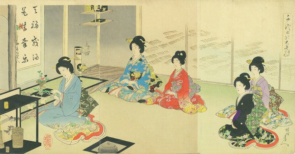Woodblock Print Triptych of 1895 Tea Ceremony at Palace of Chiyoda by Chikanobu