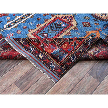 6'3"X9'1" Blue Afghan Caucasian Design Revival Hand Knotted Soft Wool Rug