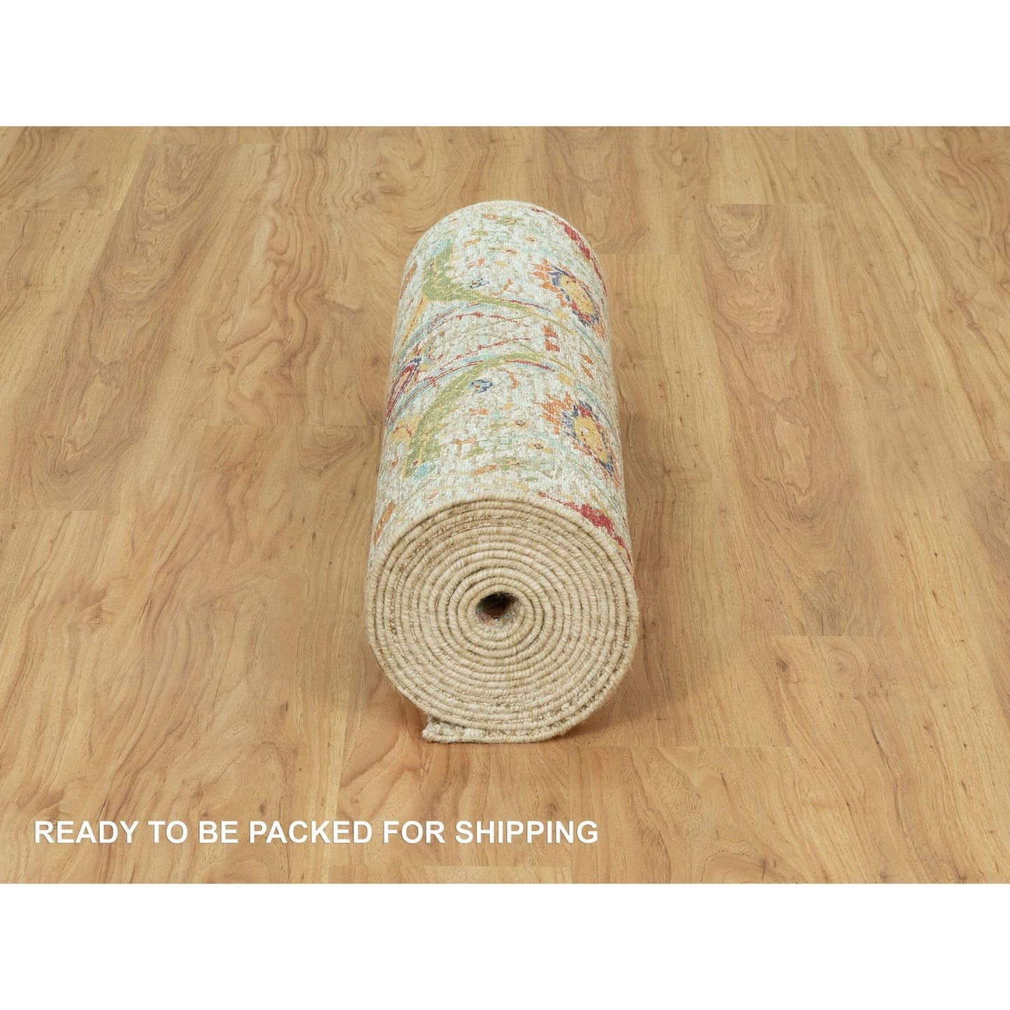 2'7"X18' Wimborne White Hand Knotted Wool And Silk Sickle Design Rug