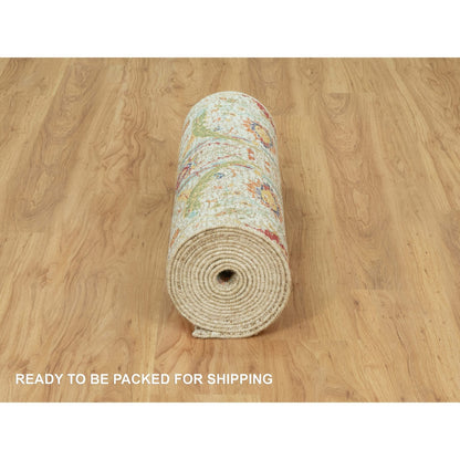 2'7"X18' Wimborne White Hand Knotted Wool And Silk Sickle Design Rug