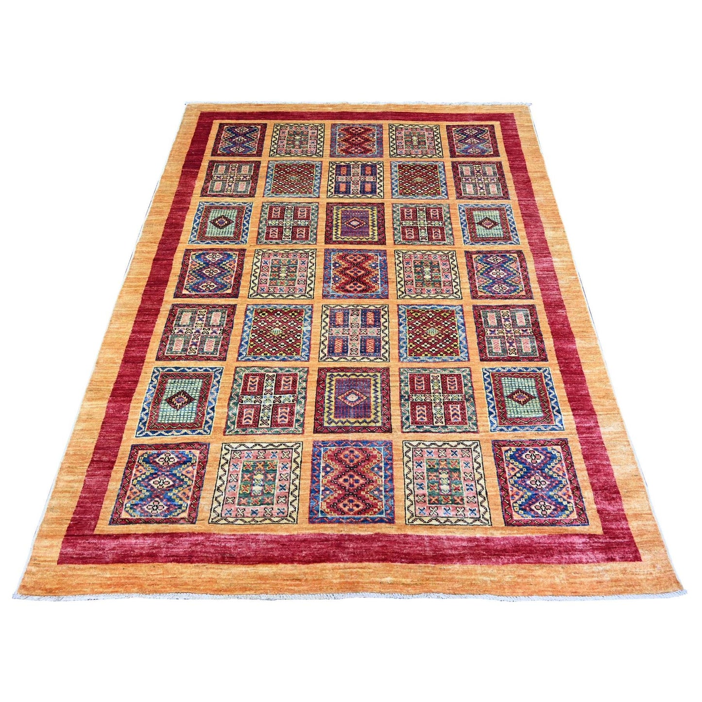 4'10"X6'3" Ochre Brown Wool Afghan Super Kazak Hand Knotted Rug