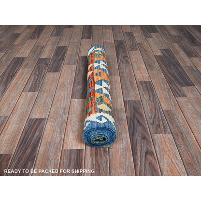 2'10"X8'3" Blue Flat Weave Geometric Afghan Kilim Pure Wool Runner Rug