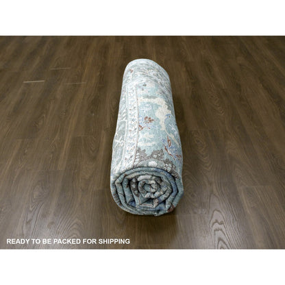 9'X11'9" Teal Green Hand Knotted Oushak With Floral Motifs Soft Wool Rug