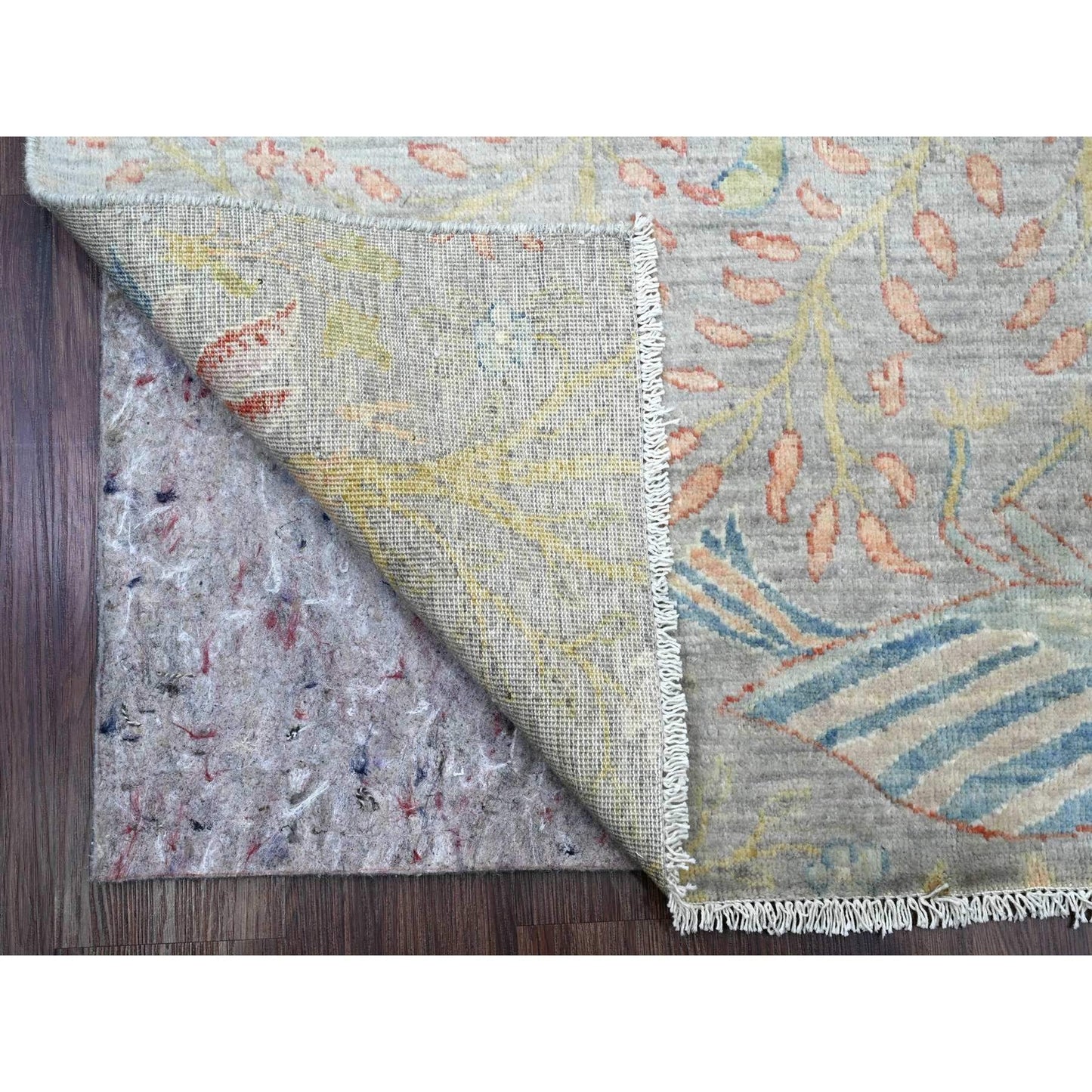 4'X15'9" Gray Wool Afghan Peshawar Birds Design Hand Knotted Runner Rug