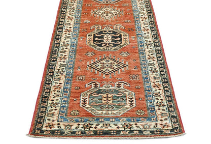Handmade Kazak Runner Rug Rusty Red Tribal