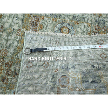 2'7"X12'1" Green Wool Rug Pre Historic Mamluk Design Hand Knotted Runner