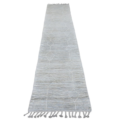 2'6"X12'9" White Wool Geometric Moroccan Weave Hand Knotted Runner Rug
