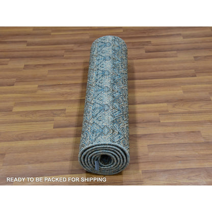 Rug 2'6"x8' Blue Hand Knotted Kohinoor Herrita Diamond Shape Wool Runner