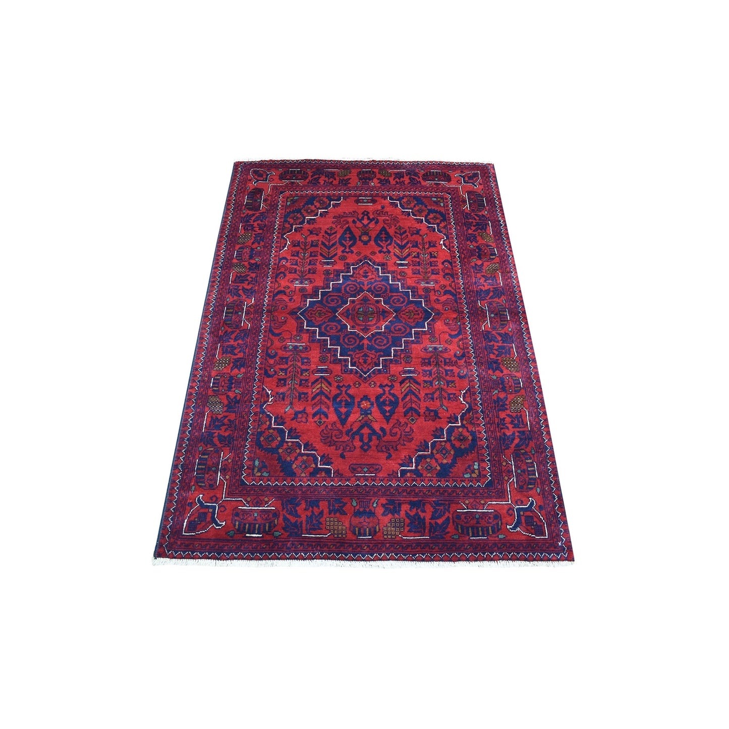 3'3"X4'8" Afghan Khamyab Wool Hand Knotted Deep And Saturated Red Rug