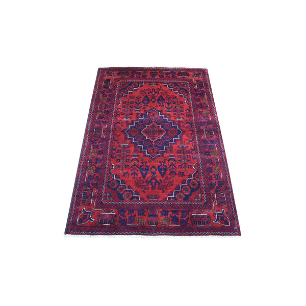 3'3"X4'8" Afghan Khamyab Wool Hand Knotted Deep And Saturated Red Rug