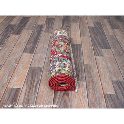 2'X5'10" Red Kazak With Tribal Design Soft Wool Hand Knotted Runner Rug