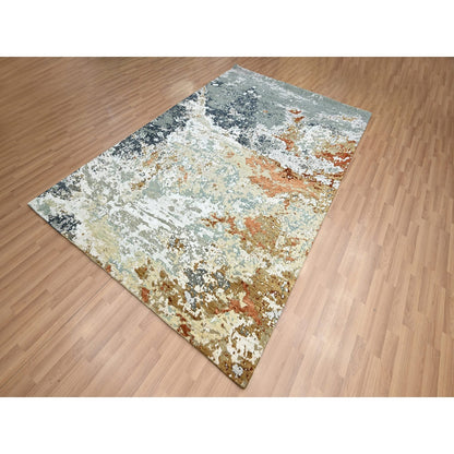 6'X9'3" Blue With Beige Abstract Galaxy Design Pure Wool Hand Knotted Rug