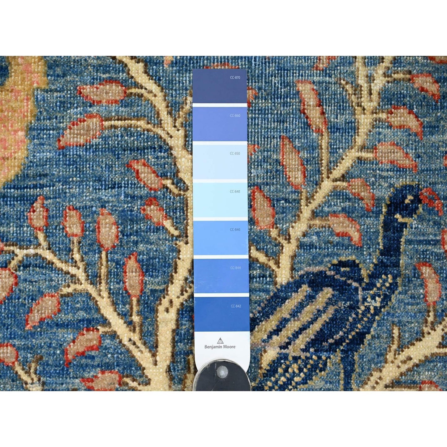 2'9"X23'4" Blue Hand Knotted Peshawar Birds Design Soft Wool Runner Rug