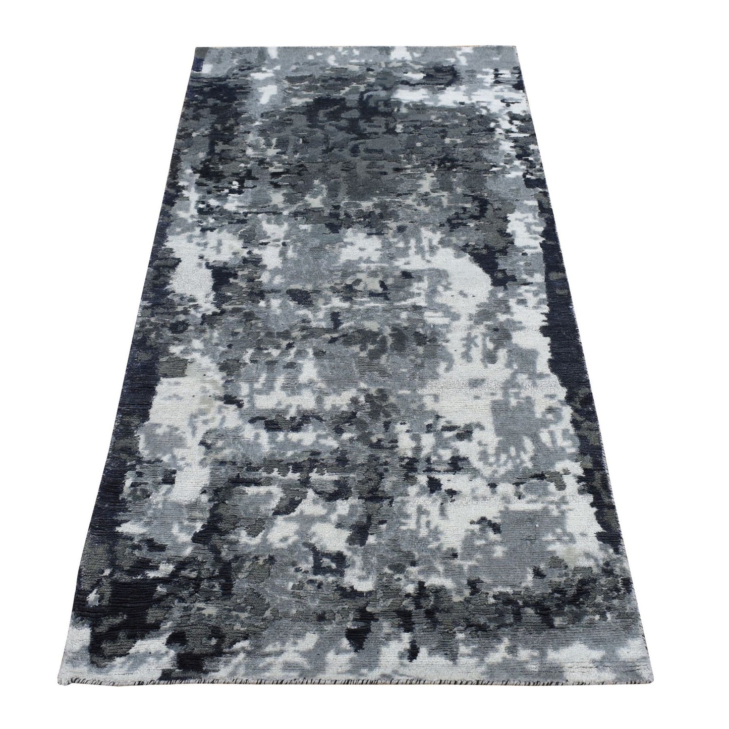2'7"X5'9" Gray Abstract Design Wool And Silk Hand Knotted Runner Rug