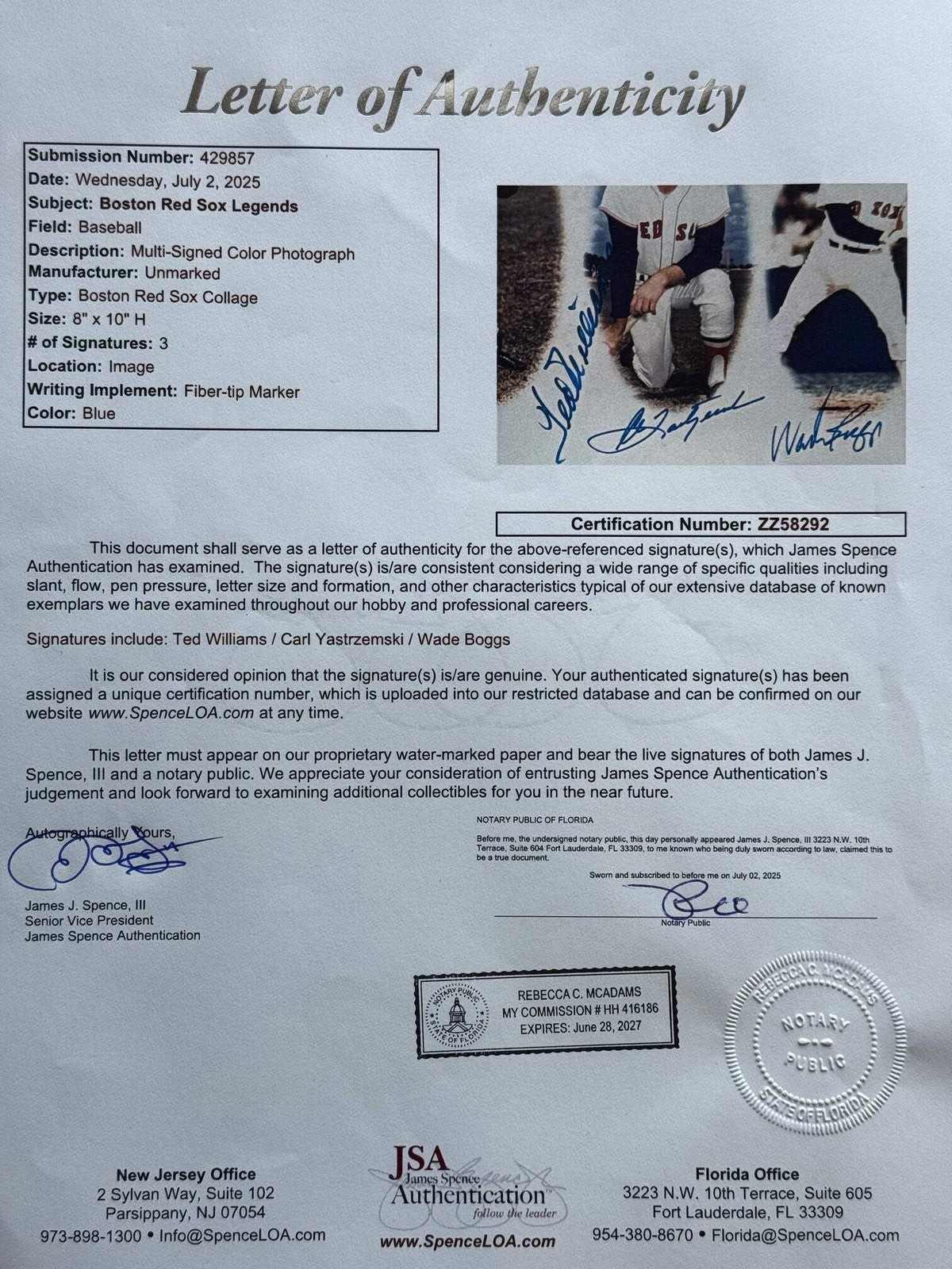 Ted Williams Carl Yastrzemski & Wade Boggs Autographed 8X10 Baseball Photo (Jsa)